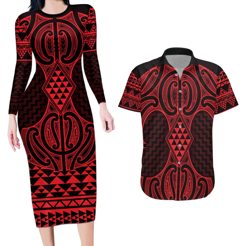 Whero Maori Ta Moko Poutama Art Couples Matching Long Sleeve Bodycon Dress and Hawaiian Shirt