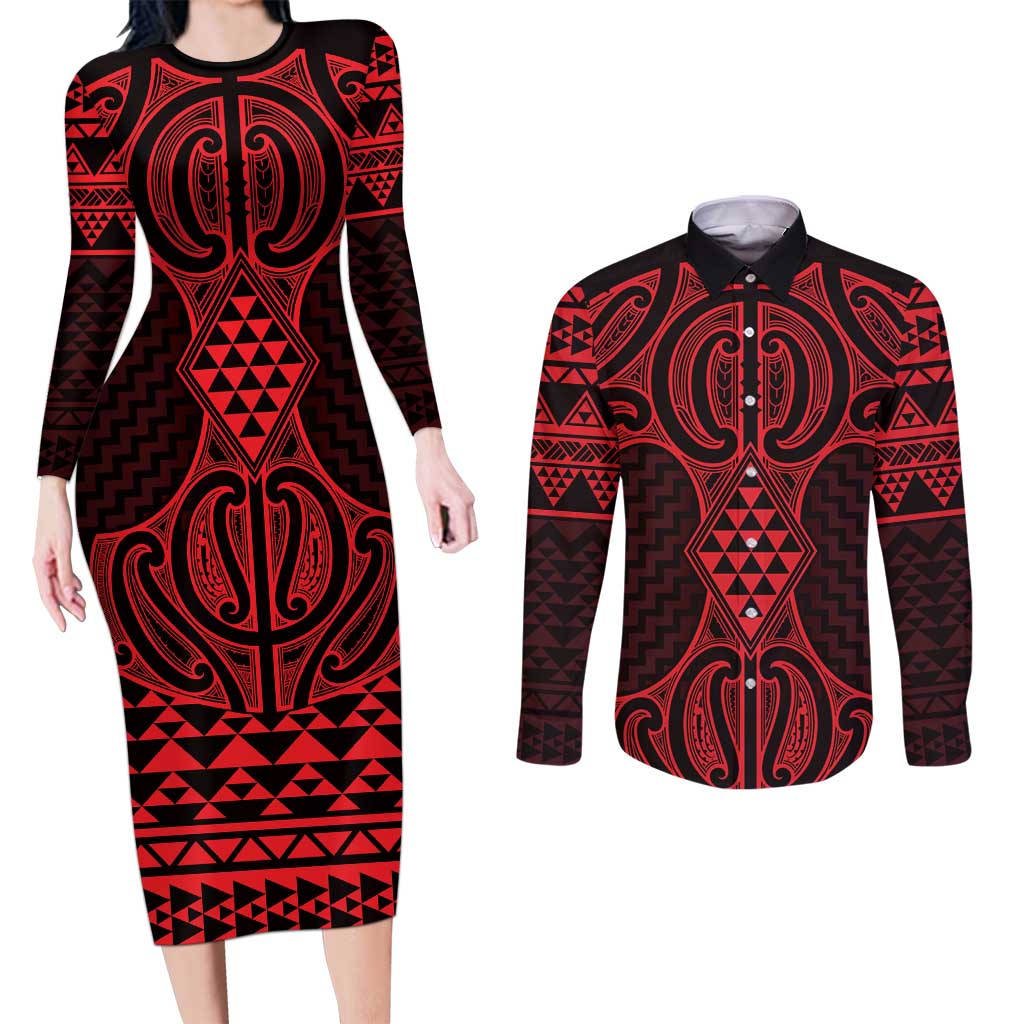 Whero Maori Ta Moko Poutama Art Couples Matching Long Sleeve Bodycon Dress and Long Sleeve Button Shirt
