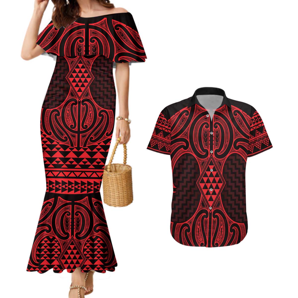 Whero Maori Ta Moko Poutama Art Couples Matching Mermaid Dress and Hawaiian Shirt
