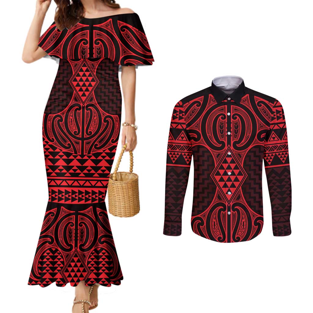 Whero Maori Ta Moko Poutama Art Couples Matching Mermaid Dress and Long Sleeve Button Shirt