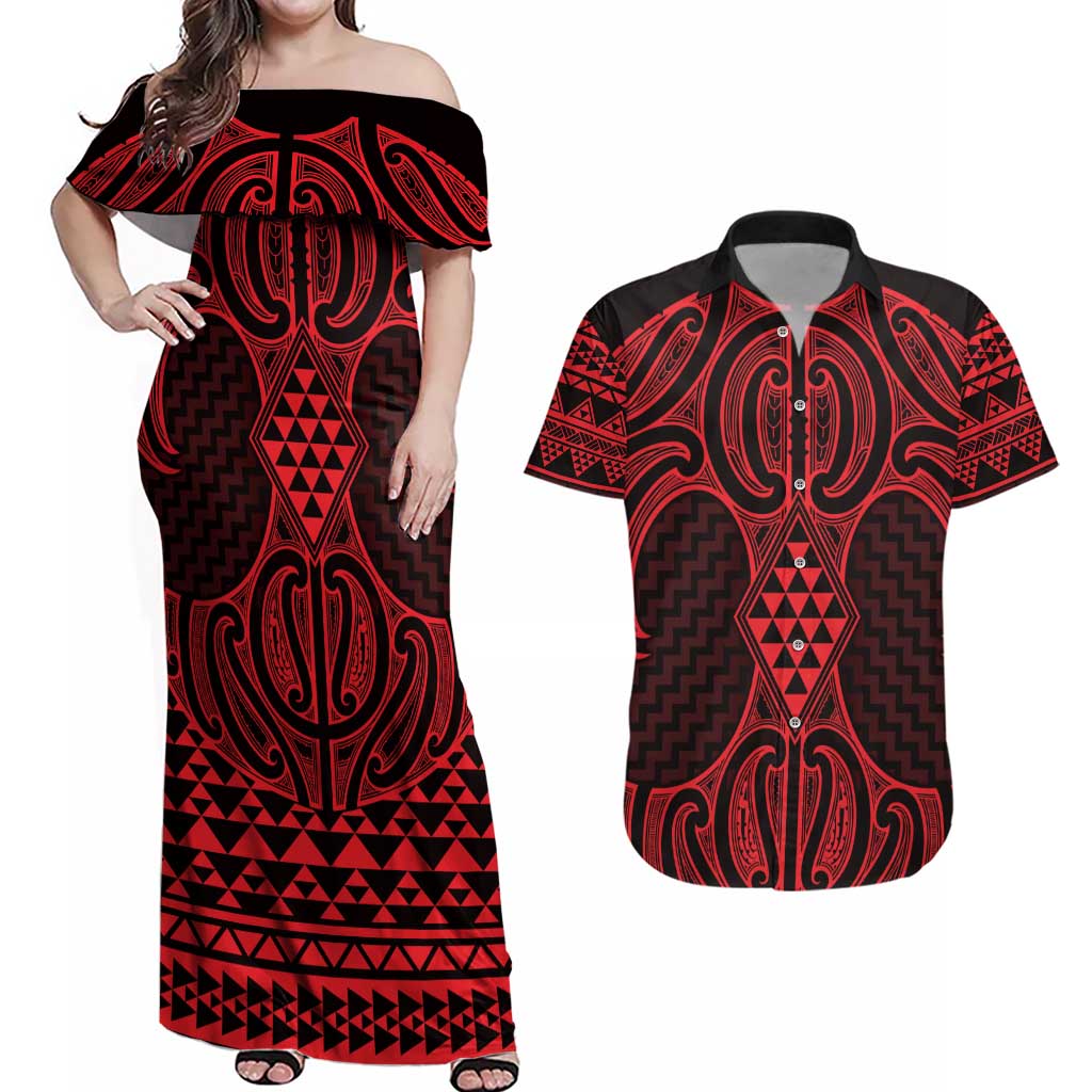 Whero Maori Ta Moko Poutama Art Couples Matching Off Shoulder Maxi Dress and Hawaiian Shirt