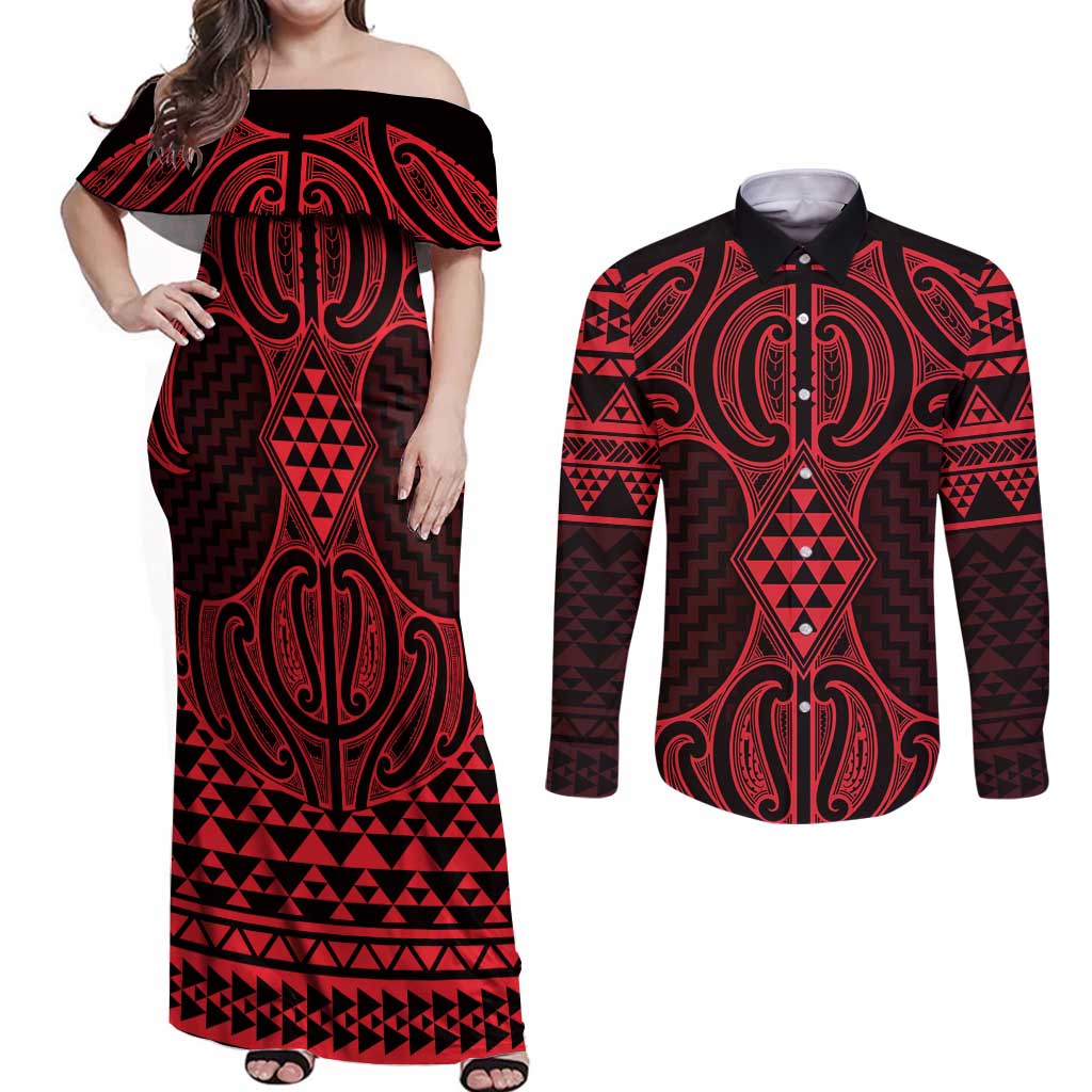 Whero Maori Ta Moko Poutama Art Couples Matching Off Shoulder Maxi Dress and Long Sleeve Button Shirt