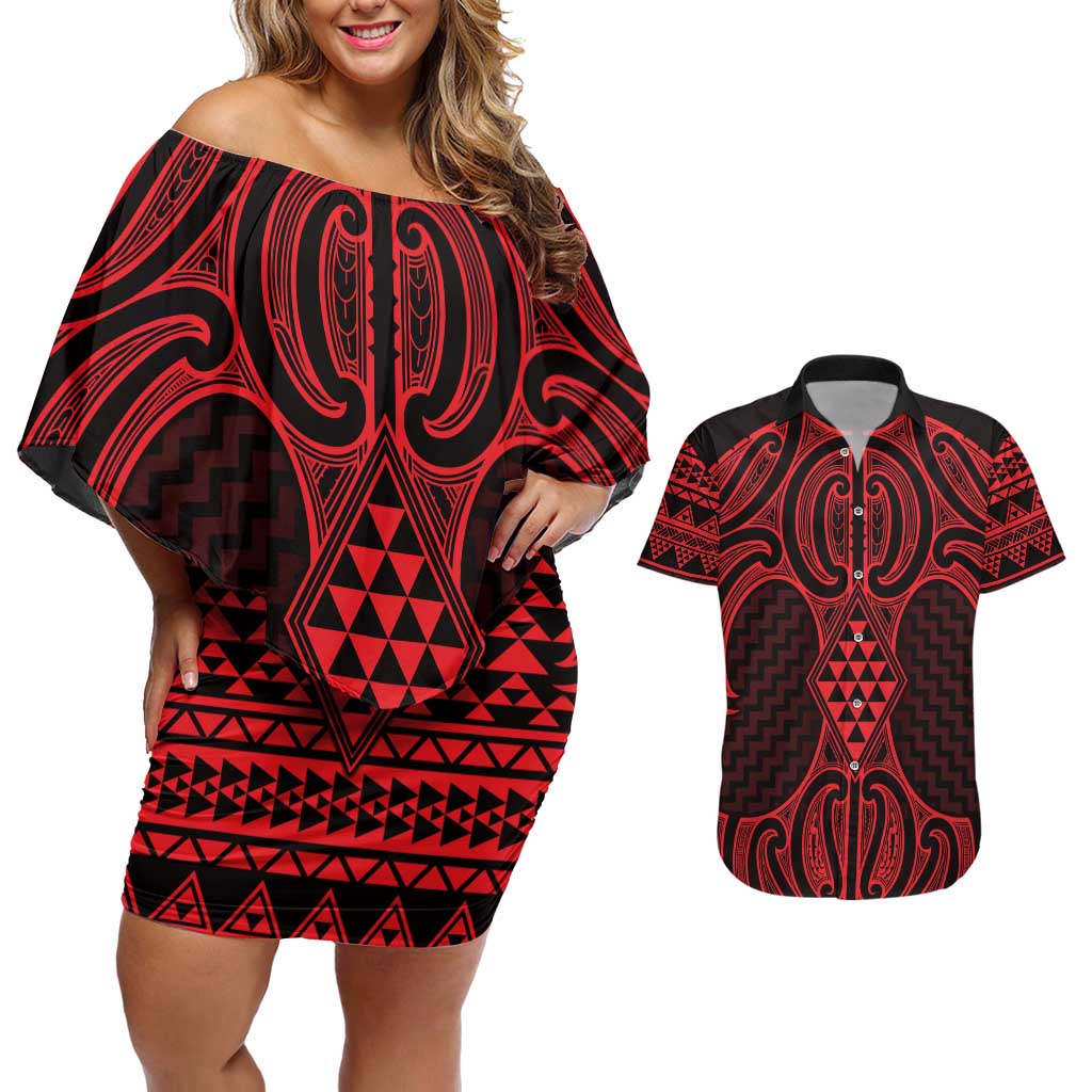 Whero Maori Ta Moko Poutama Art Couples Matching Off Shoulder Short Dress and Hawaiian Shirt
