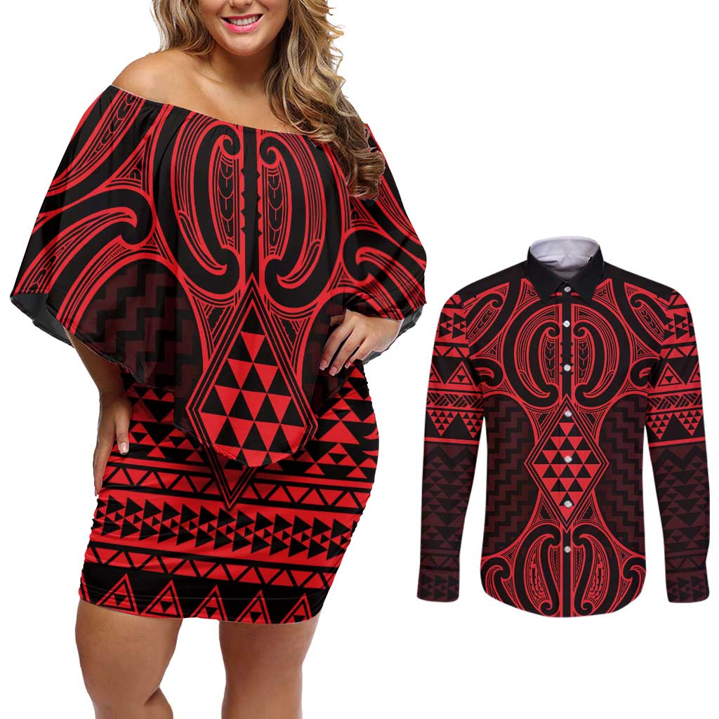 Whero Maori Ta Moko Poutama Art Couples Matching Off Shoulder Short Dress and Long Sleeve Button Shirt