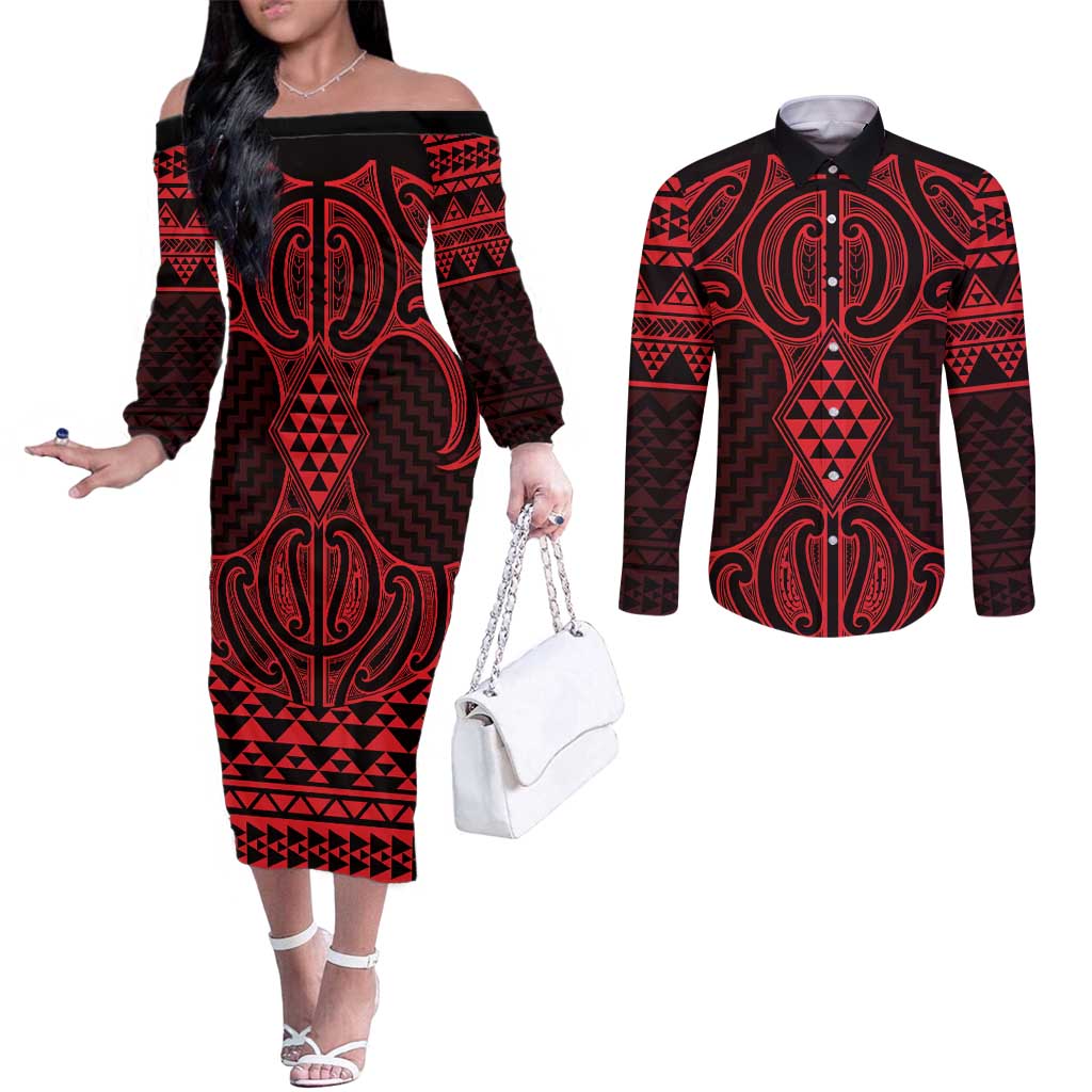 Whero Maori Ta Moko Poutama Art Couples Matching Off The Shoulder Long Sleeve Dress and Long Sleeve Button Shirt LT9 Red - Polynesian Pride