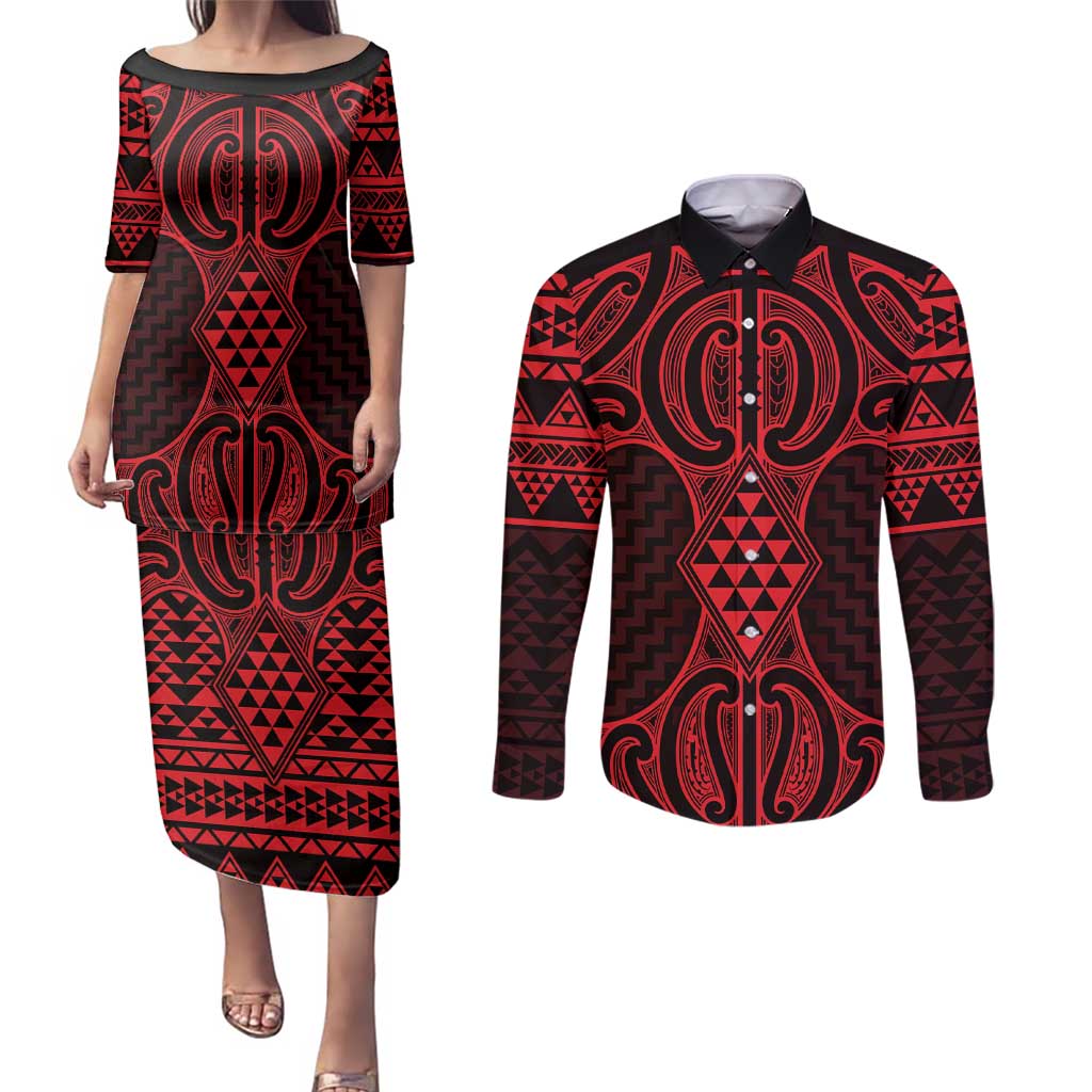 Whero Maori Ta Moko Poutama Art Couples Matching Puletasi and Long Sleeve Button Shirt LT9 Red - Polynesian Pride