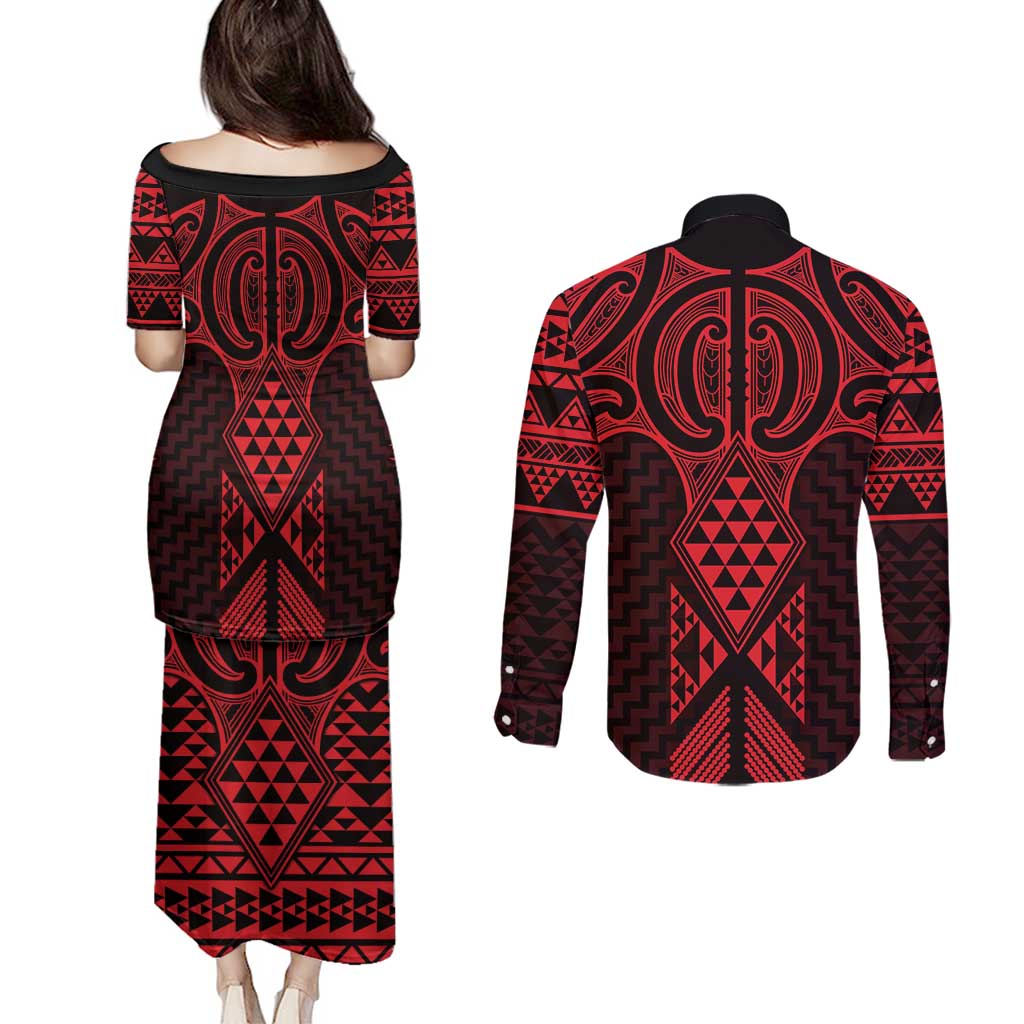 Whero Maori Ta Moko Poutama Art Couples Matching Puletasi and Long Sleeve Button Shirt LT9 - Polynesian Pride