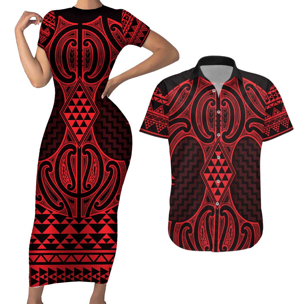 Whero Maori Ta Moko Poutama Art Couples Matching Short Sleeve Bodycon Dress and Hawaiian Shirt