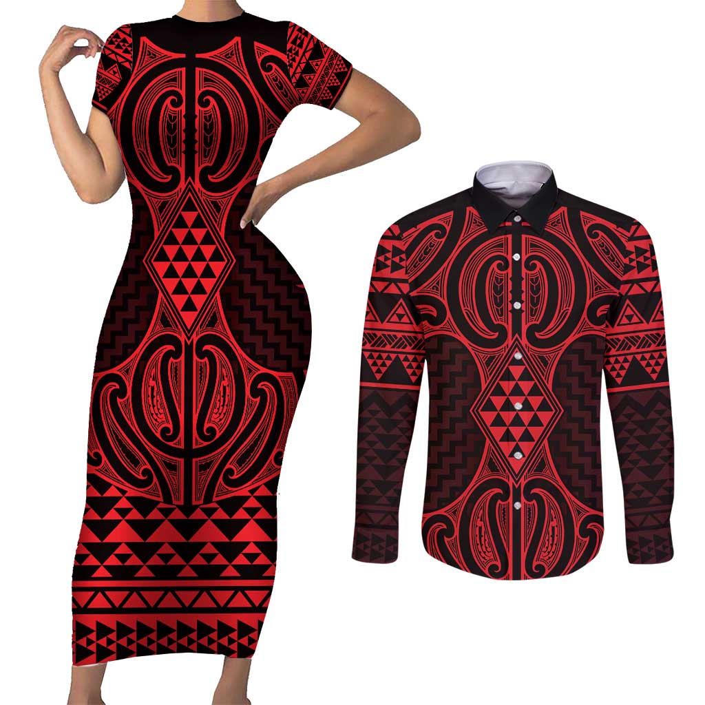 Whero Maori Ta Moko Poutama Art Couples Matching Short Sleeve Bodycon Dress and Long Sleeve Button Shirt