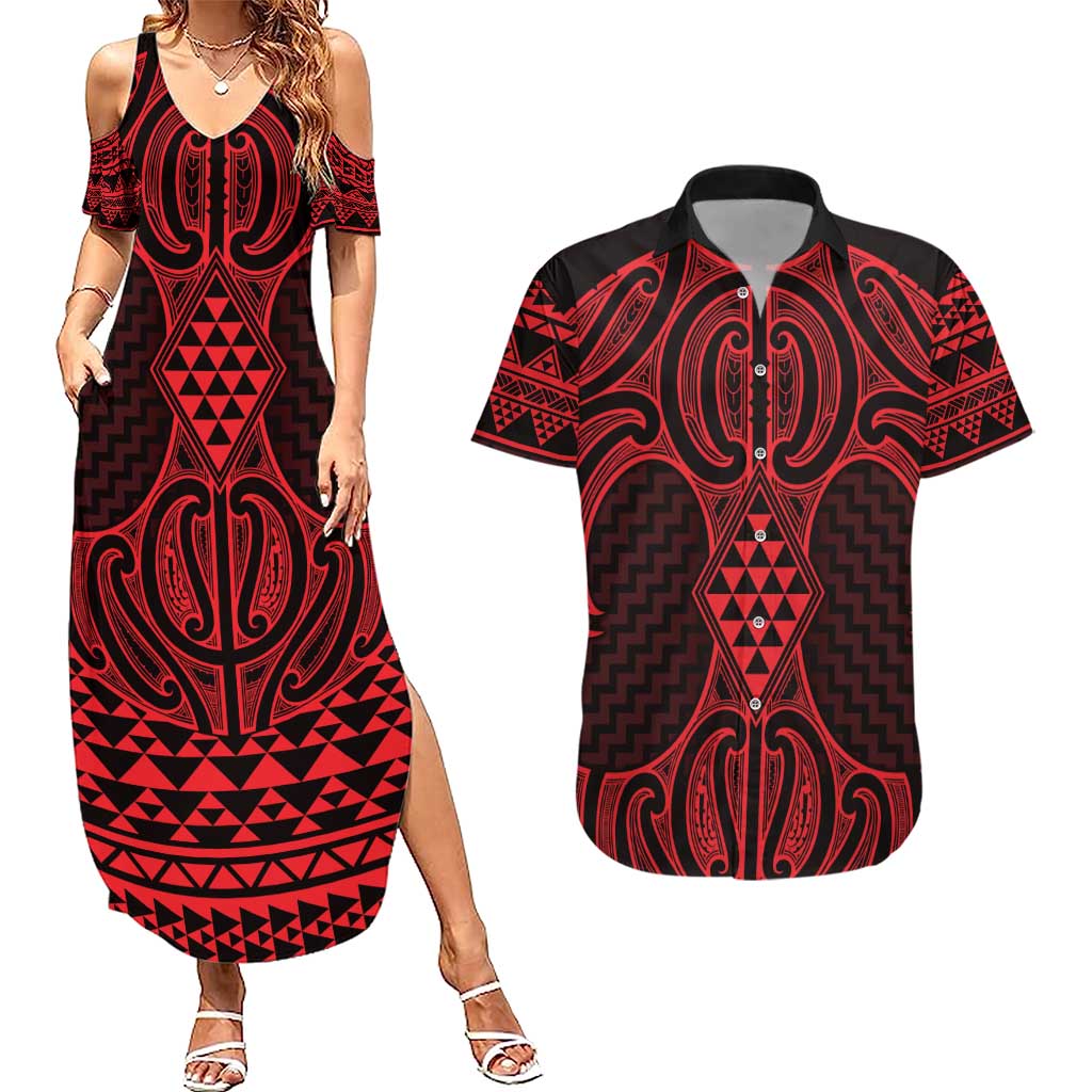 Whero Maori Ta Moko Poutama Art Couples Matching Summer Maxi Dress and Hawaiian Shirt