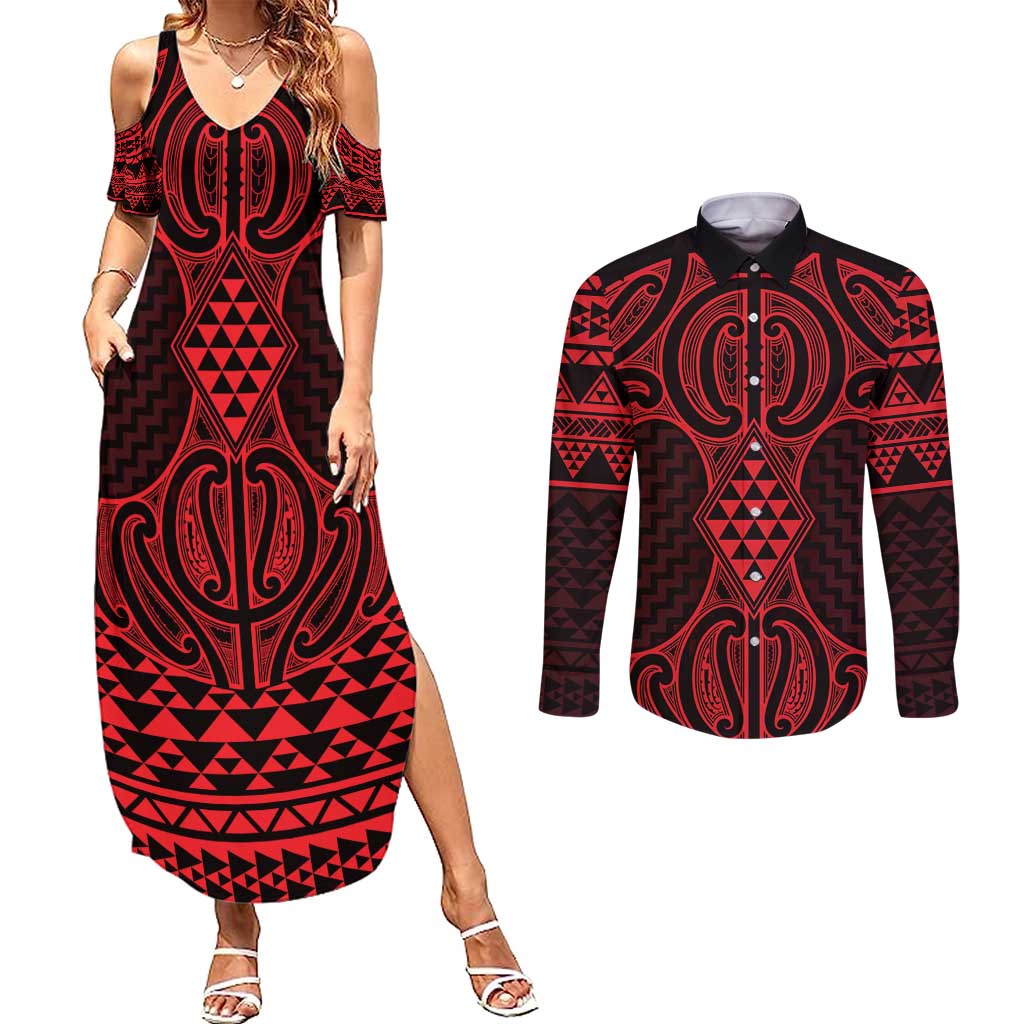 Whero Maori Ta Moko Poutama Art Couples Matching Summer Maxi Dress and Long Sleeve Button Shirt
