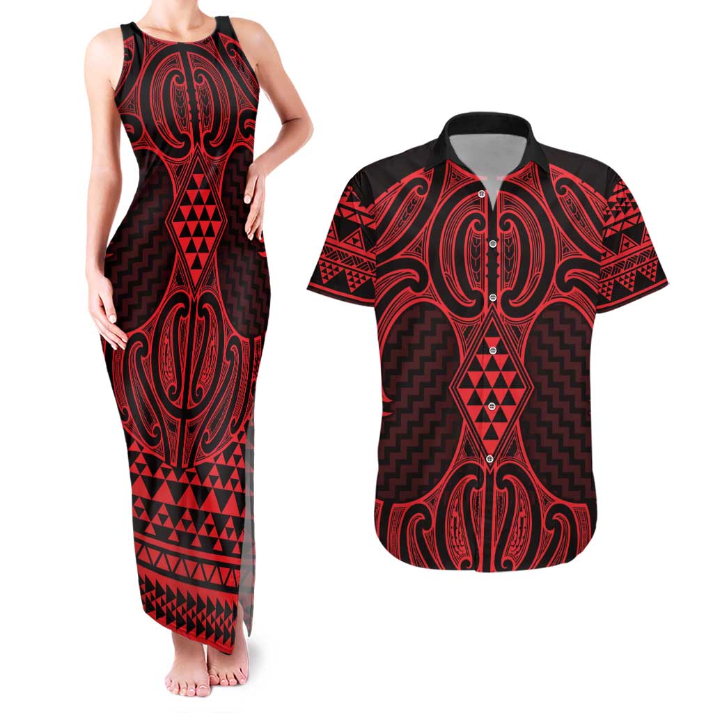 Whero Maori Ta Moko Poutama Art Couples Matching Tank Maxi Dress and Hawaiian Shirt