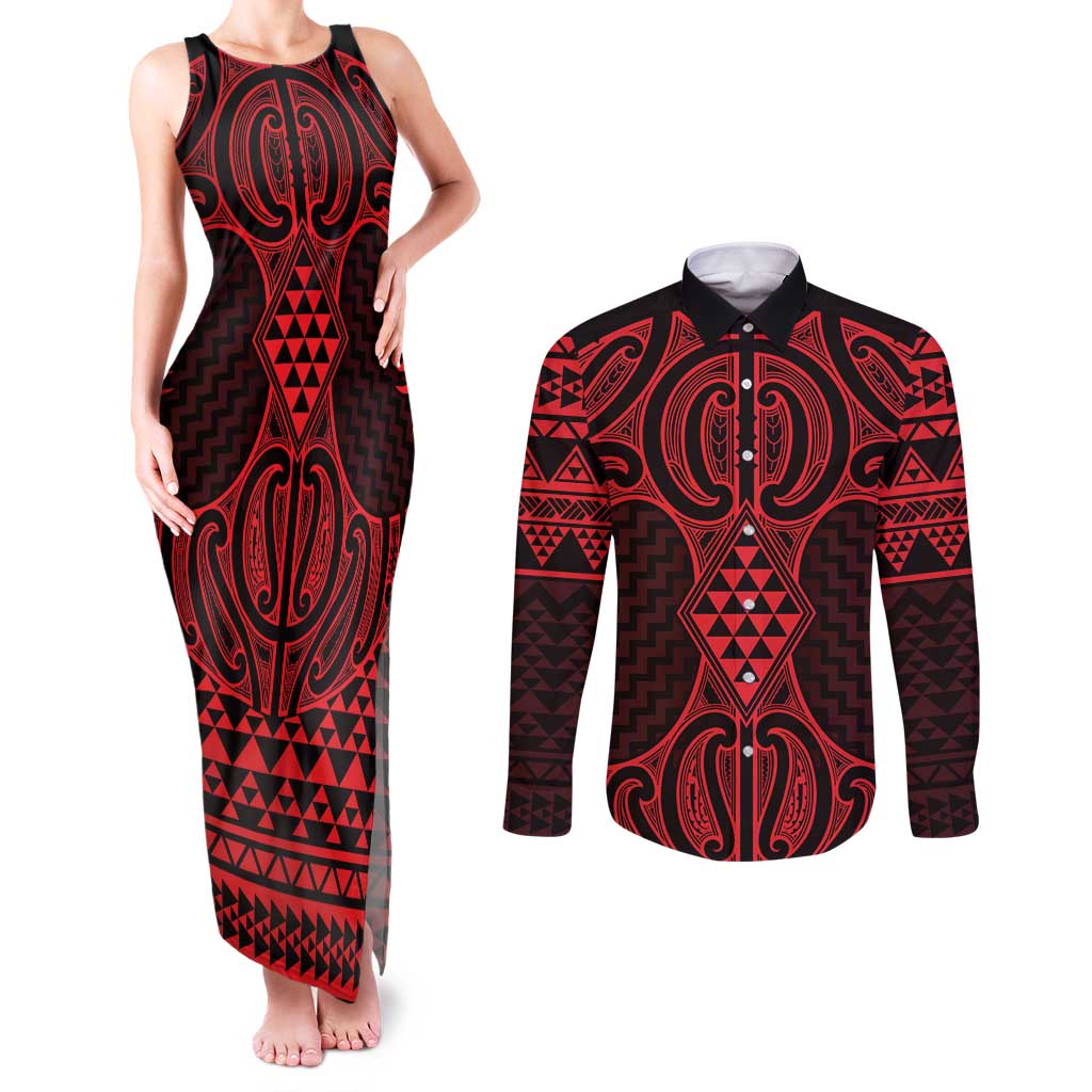 Whero Maori Ta Moko Poutama Art Couples Matching Tank Maxi Dress and Long Sleeve Button Shirt