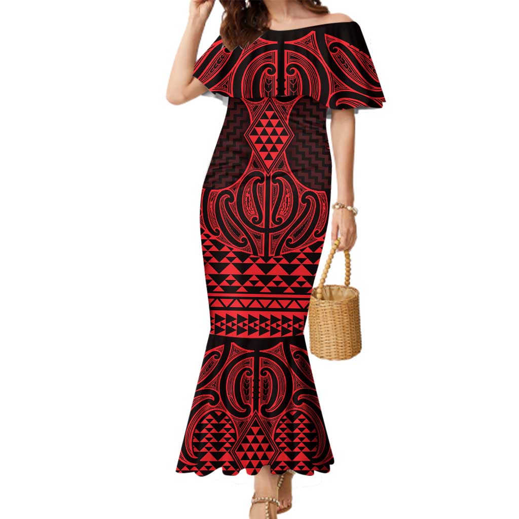 Whero Maori Ta Moko Poutama Art Family Matching Mermaid Dress and Hawaiian Shirt