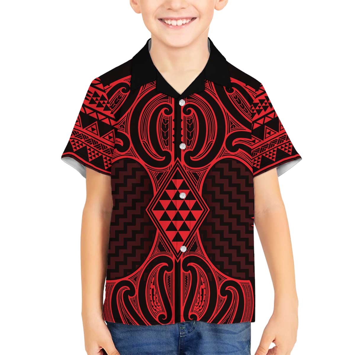 Whero Maori Ta Moko Poutama Art Family Matching Off The Shoulder Long Sleeve Dress and Hawaiian Shirt