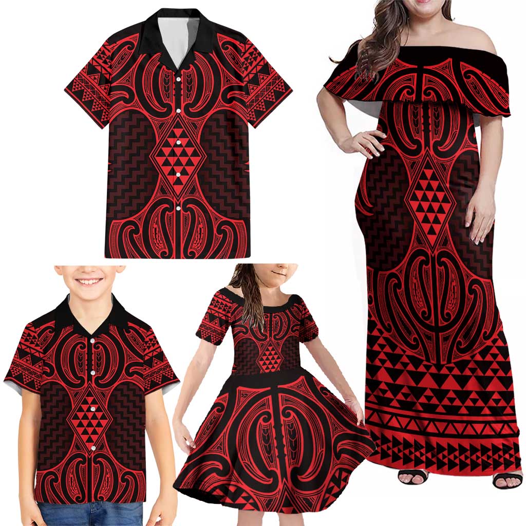 Whero Maori Ta Moko Poutama Art Family Matching Off Shoulder Maxi Dress and Hawaiian Shirt LT9 - Polynesian Pride