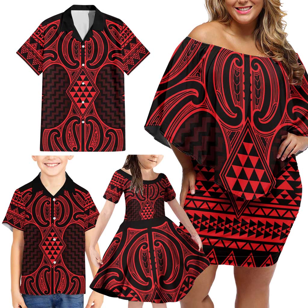 Whero Maori Ta Moko Poutama Art Family Matching Off Shoulder Short Dress and Hawaiian Shirt LT9 - Polynesian Pride