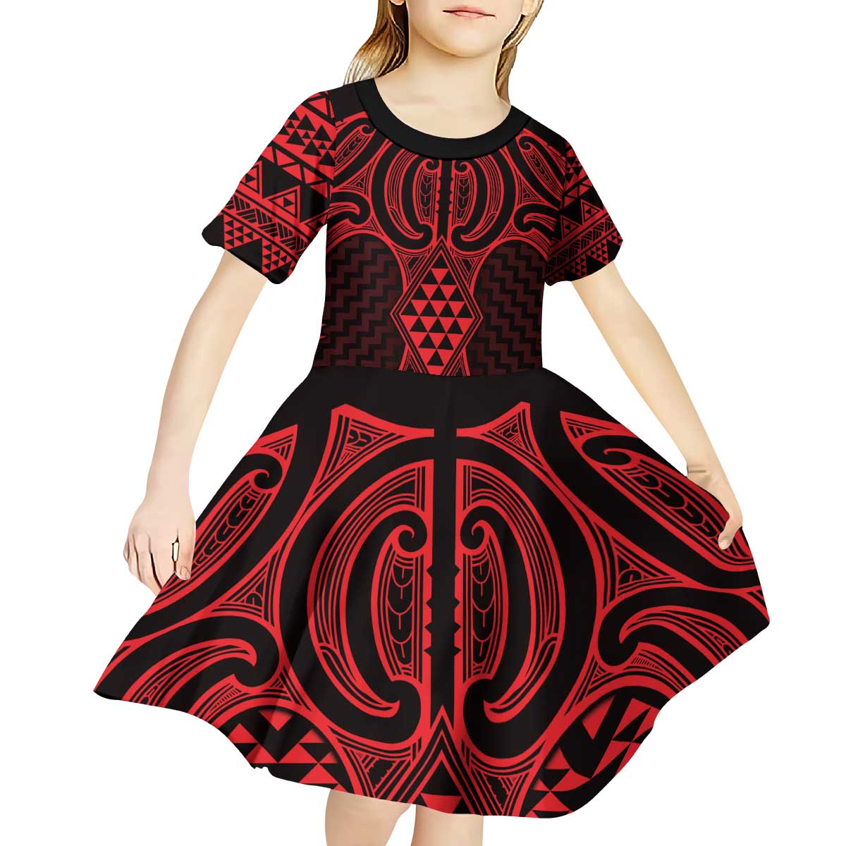 Whero Maori Ta Moko Poutama Art Kid Short Sleeve Dress LT9 - Polynesian Pride