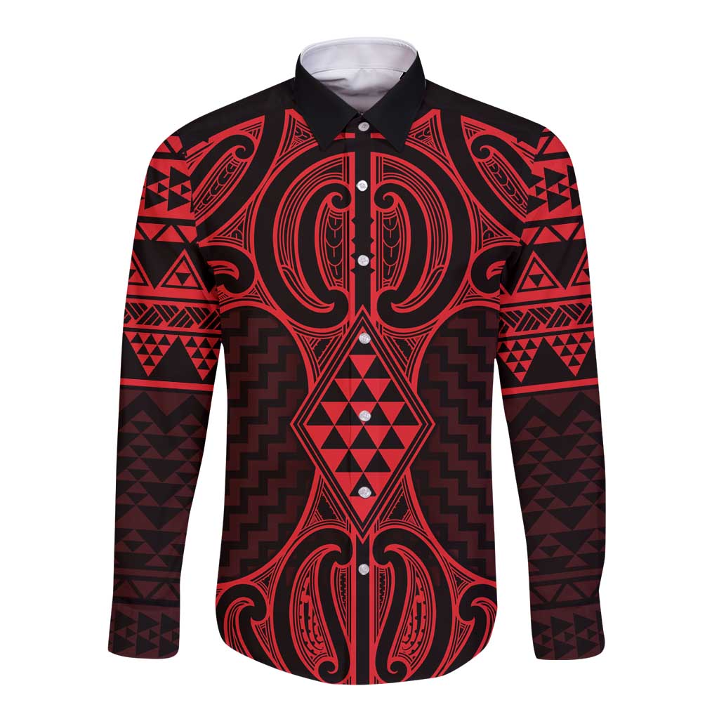 Whero Maori Ta Moko Poutama Art Long Sleeve Button Shirt LT9 Unisex Red - Polynesian Pride