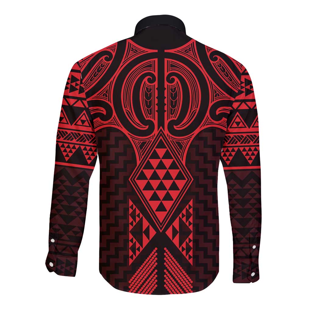 Whero Maori Ta Moko Poutama Art Long Sleeve Button Shirt LT9 - Polynesian Pride