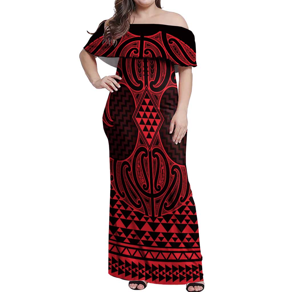 Whero Maori Ta Moko Poutama Art Off Shoulder Maxi Dress