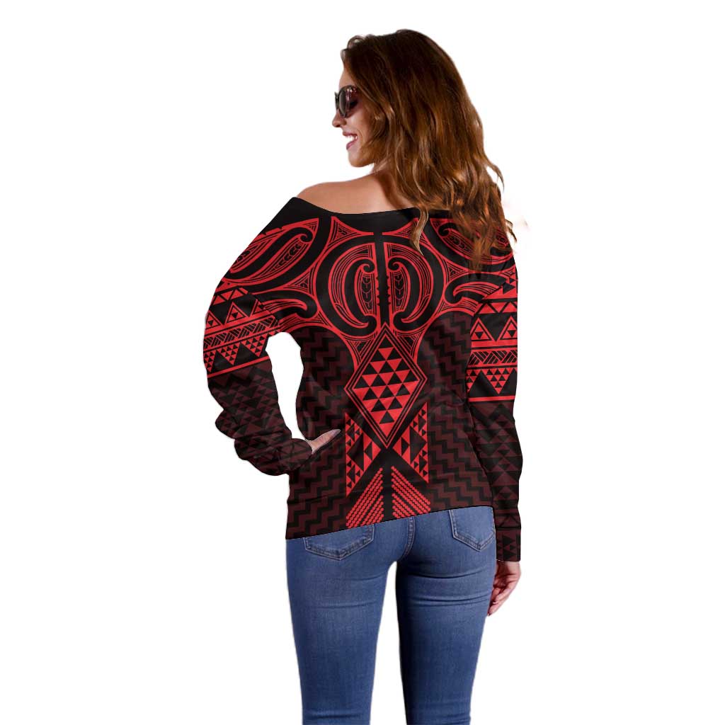 Whero Maori Ta Moko Poutama Art Off Shoulder Sweater