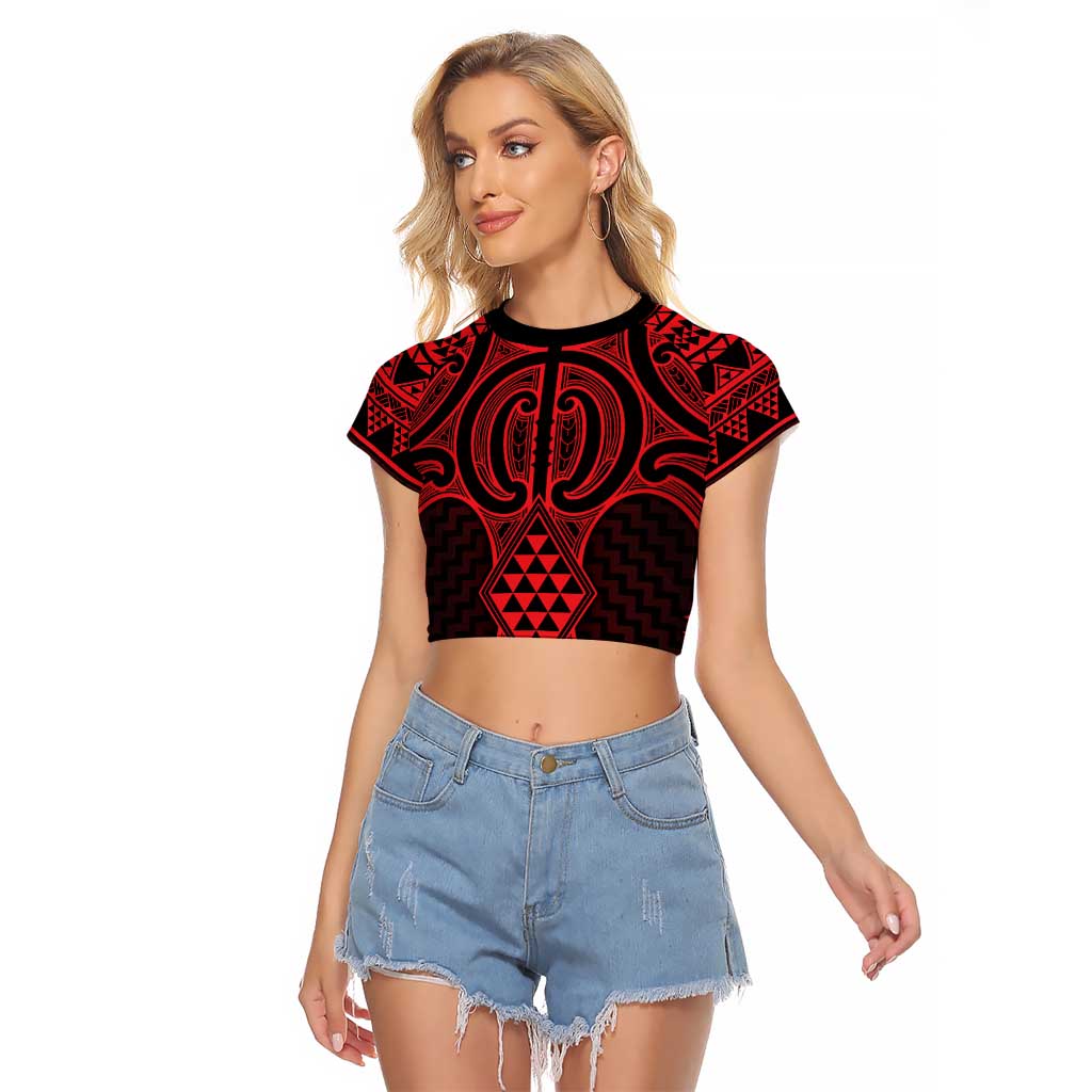 Whero Maori Ta Moko Poutama Art Raglan Cropped T Shirt