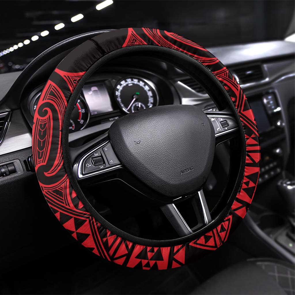 Whero Maori Ta Moko Poutama Art Steering Wheel Cover LT9 Universal Fit Red - Polynesian Pride