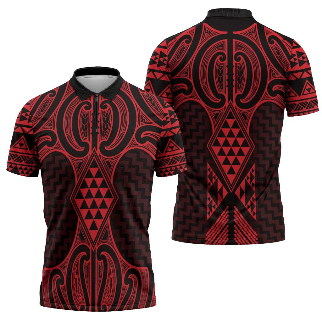 Whero Maori Ta Moko Poutama Art Zipper Polo Shirt - Polynesian Pride
