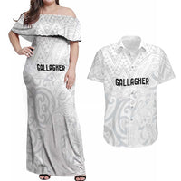 New Zealand Rangatira Custom Couples Matching Off Shoulder Maxi Dress and Hawaiian Shirt All White Niho Taniwha Maori Tribal