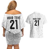 New Zealand Rangatira Custom Couples Matching Off Shoulder Short Dress and Hawaiian Shirt All White Niho Taniwha Maori Tribal