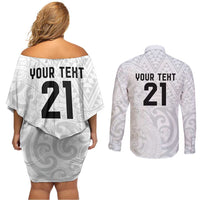 New Zealand Rangatira Custom Couples Matching Off Shoulder Short Dress and Long Sleeve Button Shirt All White Niho Taniwha Maori Tribal