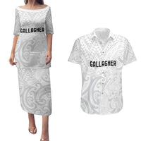 New Zealand Rangatira Custom Couples Matching Puletasi and Hawaiian Shirt All White Niho Taniwha Maori Tribal