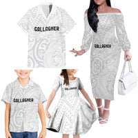 New Zealand Rangatira Custom Family Matching Off The Shoulder Long Sleeve Dress and Hawaiian Shirt All White Niho Taniwha Maori Tribal