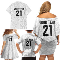 New Zealand Rangatira Custom Family Matching Off Shoulder Short Dress and Hawaiian Shirt All White Niho Taniwha Maori Tribal
