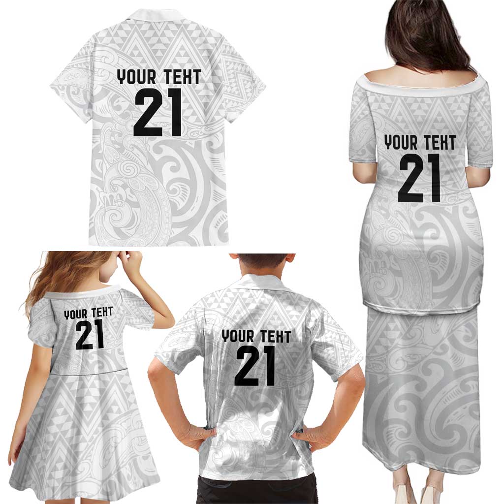 New Zealand Rangatira Custom Family Matching Puletasi and Hawaiian Shirt All White Niho Taniwha Maori Tribal