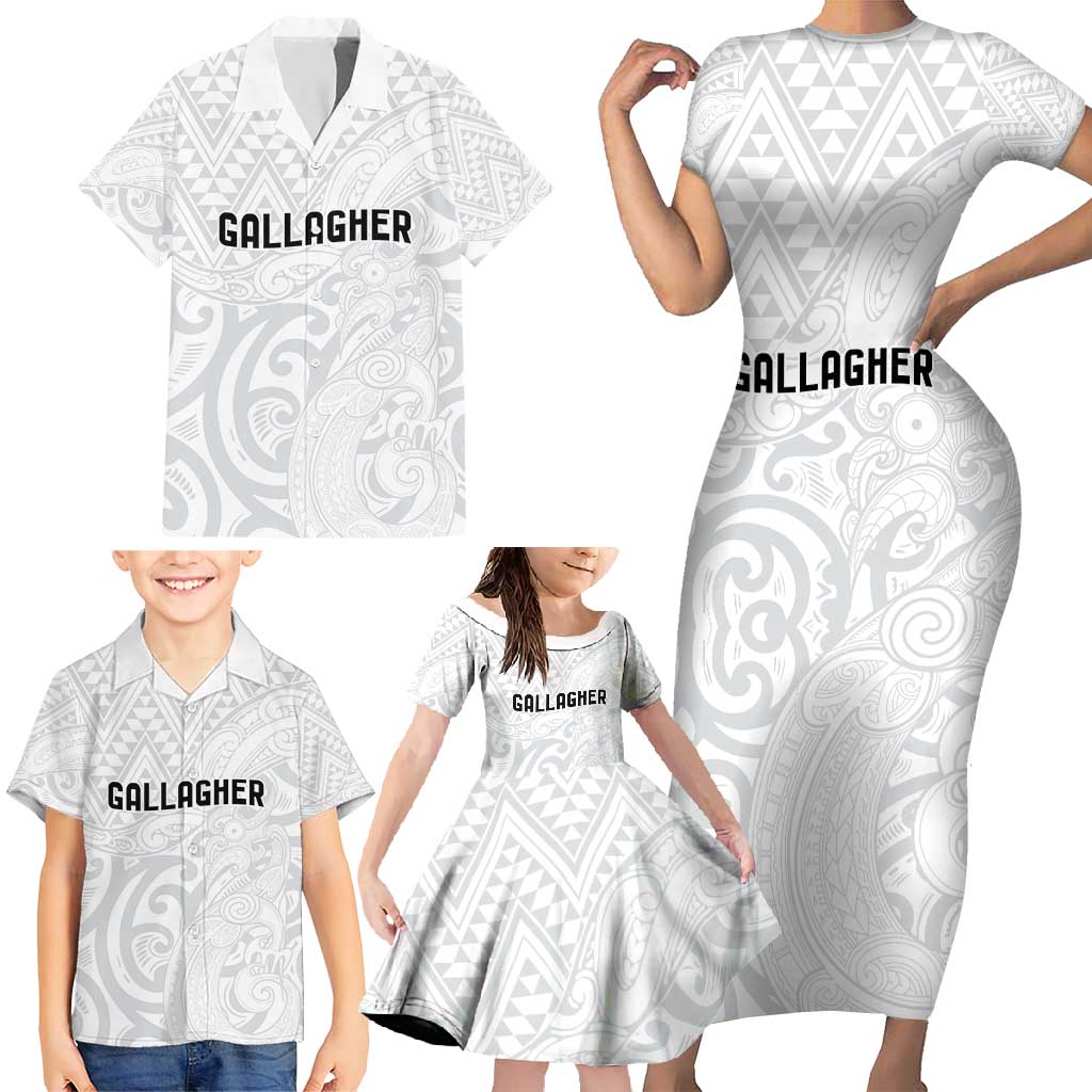 New Zealand Rangatira Custom Family Matching Short Sleeve Bodycon Dress and Hawaiian Shirt All White Niho Taniwha Maori Tribal
