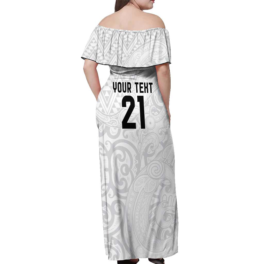 New Zealand Rangatira Custom Off Shoulder Maxi Dress All White Niho Taniwha Maori Tribal