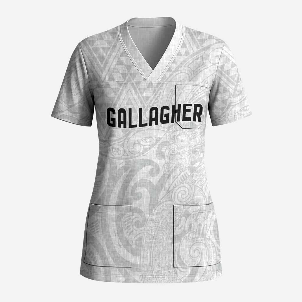 New Zealand Rangatira Custom Scrub Top All White Niho Taniwha Maori Tribal - Polynesian Pride