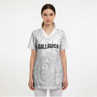 New Zealand Rangatira Custom Scrub Top All White Niho Taniwha Maori Tribal - Polynesian Pride