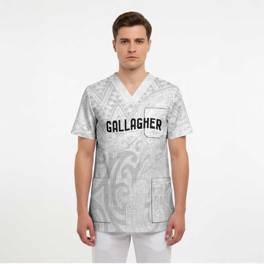 New Zealand Rangatira Custom Scrub Top All White Niho Taniwha Maori Tribal - Polynesian Pride