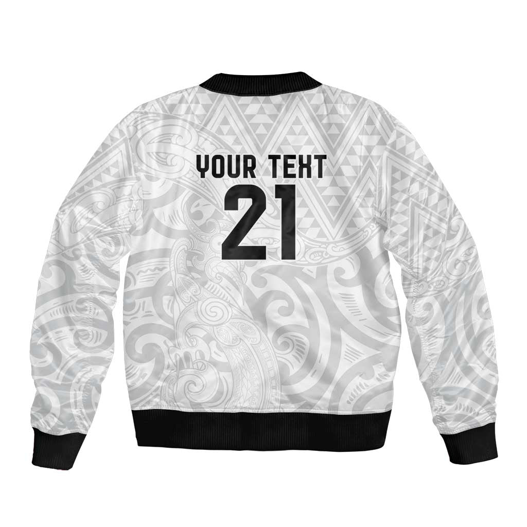 New Zealand Rangatira Custom Sleeve Zip Bomber Jacket All White Niho Taniwha Maori Tribal