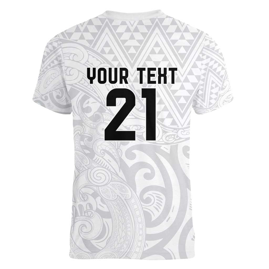 New Zealand Rangatira Custom Women V-Neck T-Shirt All White Niho Taniwha Maori Tribal