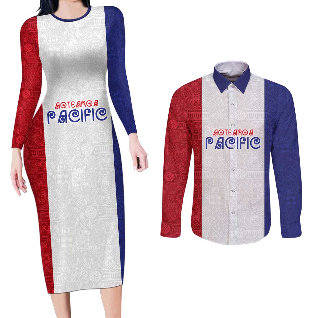 New Zealand Rugby Pacific Personalised Couples Matching Long Sleeve Bodycon Dress and Long Sleeve Button Shirt Maori Style Tribal Tapa Pattern