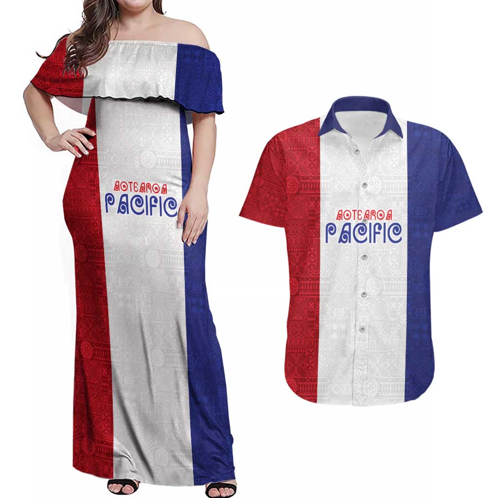 New Zealand Rugby Pacific Personalised Couples Matching Off Shoulder Maxi Dress and Hawaiian Shirt Maori Style Tribal Tapa Pattern