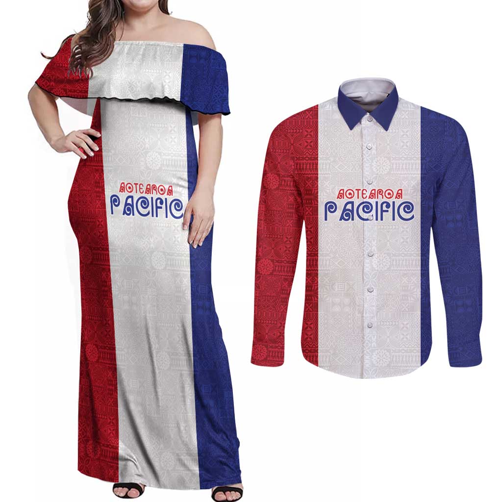 New Zealand Rugby Pacific Personalised Couples Matching Off Shoulder Maxi Dress and Long Sleeve Button Shirt Maori Style Tribal Tapa Pattern