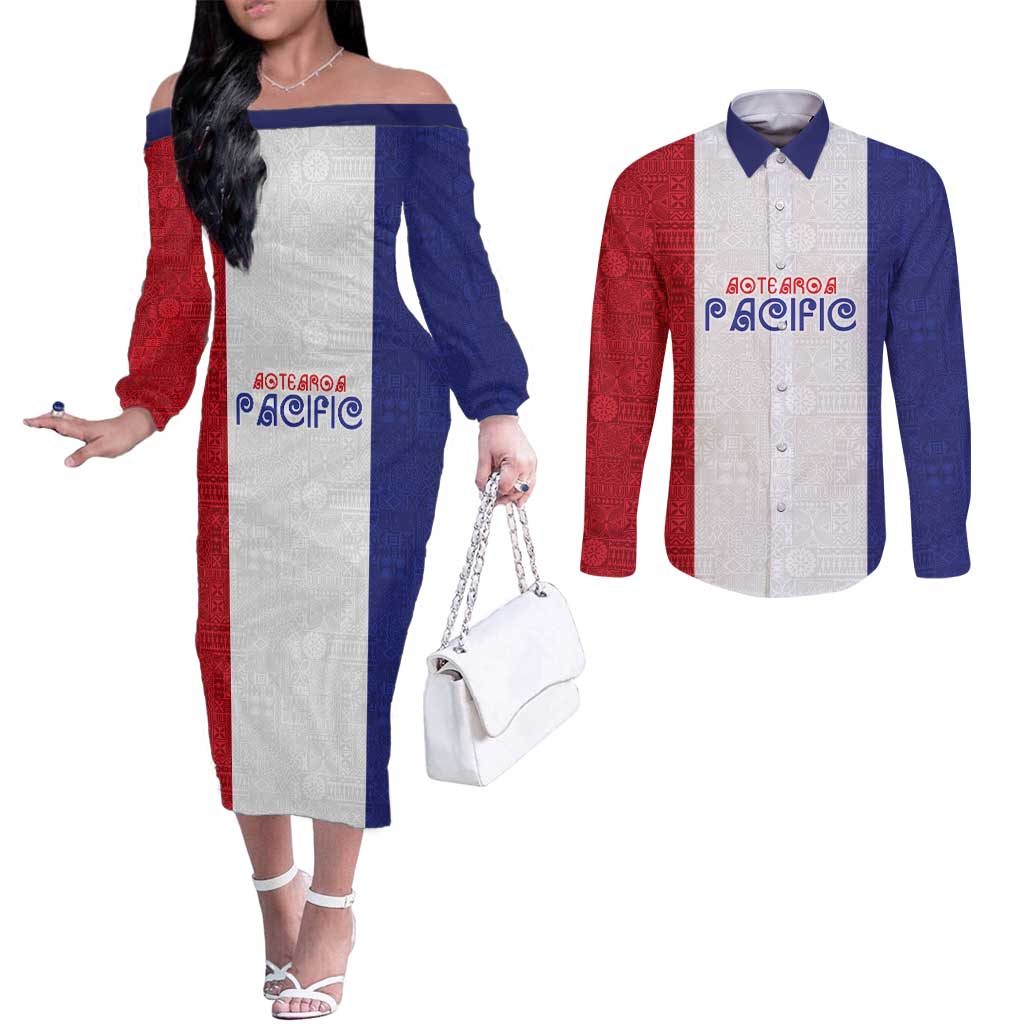 New Zealand Rugby Pacific Personalised Couples Matching Off The Shoulder Long Sleeve Dress and Long Sleeve Button Shirt Maori Style Tribal Tapa Pattern