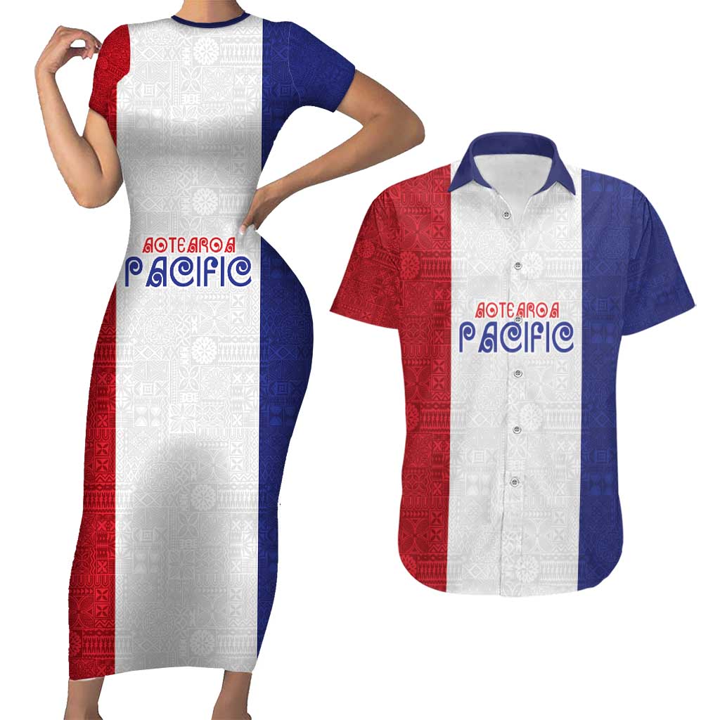 New Zealand Rugby Pacific Personalised Couples Matching Short Sleeve Bodycon Dress and Hawaiian Shirt Maori Style Tribal Tapa Pattern