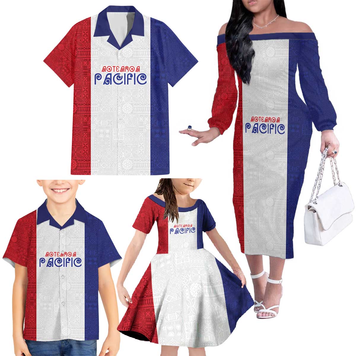 New Zealand Rugby Pacific Personalised Family Matching Off The Shoulder Long Sleeve Dress and Hawaiian Shirt Maori Style Tribal Tapa Pattern