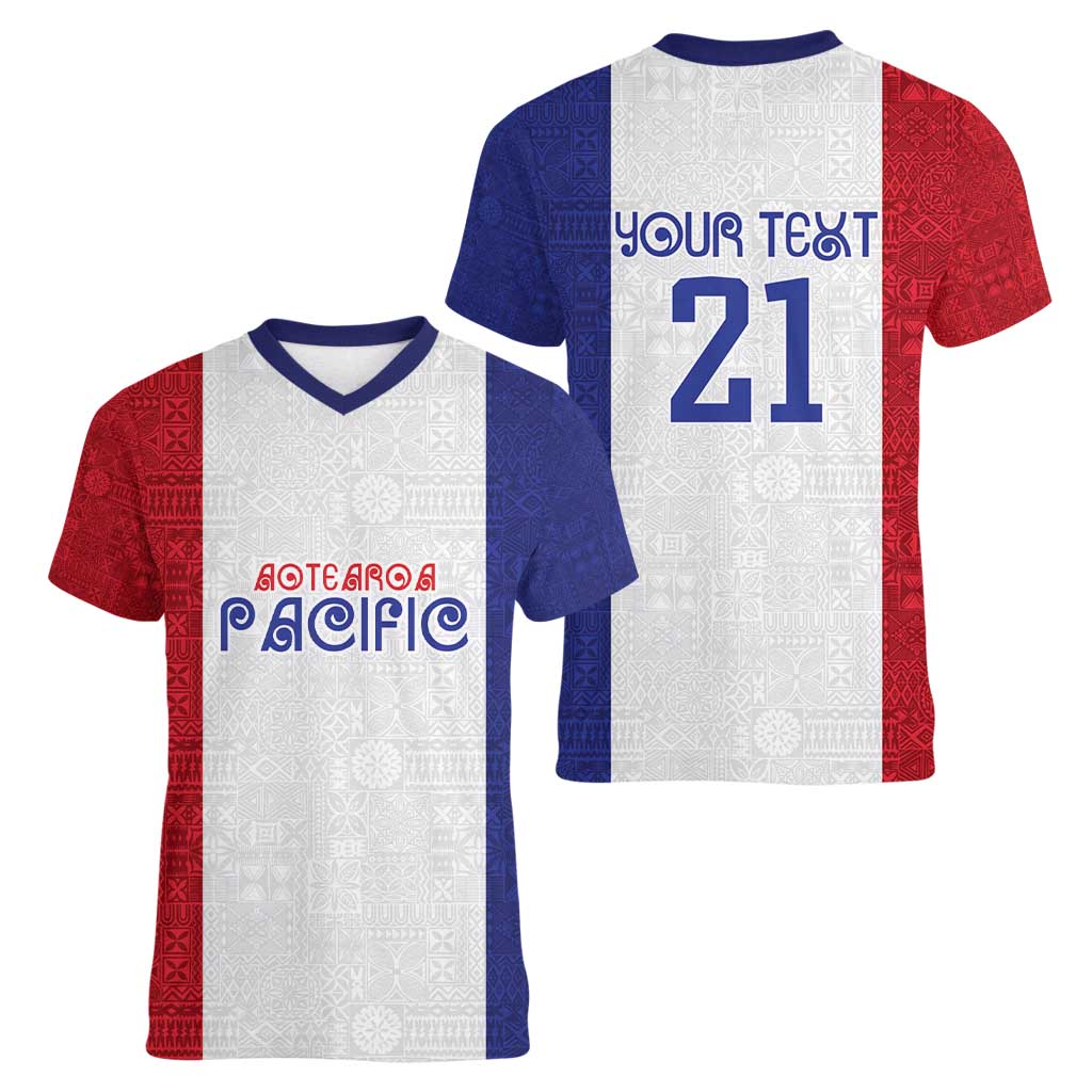 New Zealand Rugby Pacific Personalised Women V-Neck T-Shirt Maori Style Tribal Tapa Pattern